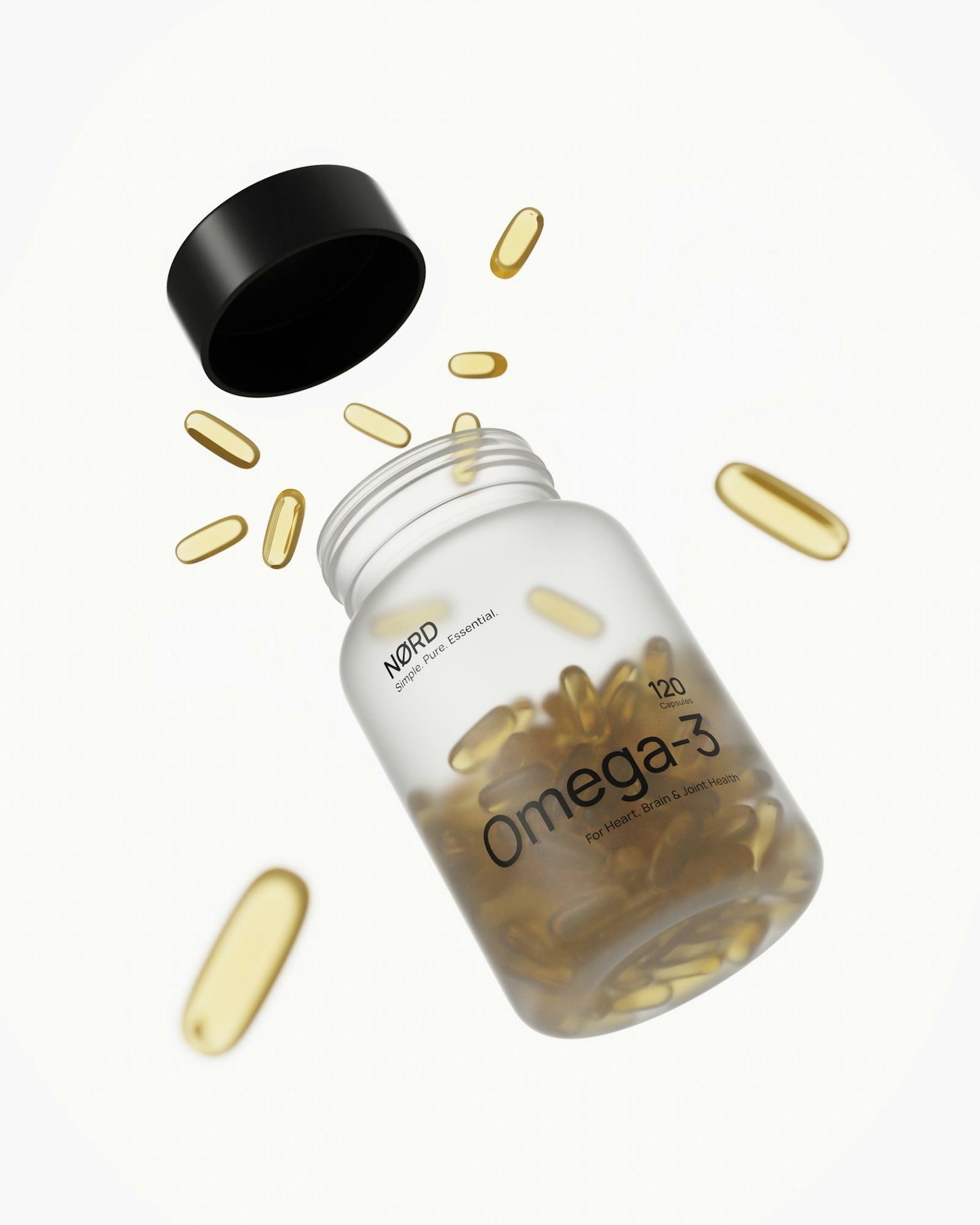 Cápsulas douradas de ômega 3 saindo do frasco